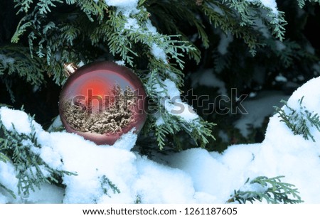 Christmas tree outside, Christmas toy, snow, beautiful picture.
