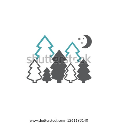 The vector picture of a fir-tree and the moon with stars. Set of vector symbols. Night coniferous forest. Flat design Monohrome