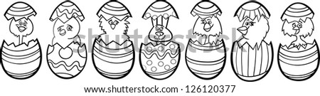 Black and White Cartoon Illustration of Six Little Chickens or Chicks and one Easter Bunny in Colorful Eggshells of Easter Eggs for Coloring Book