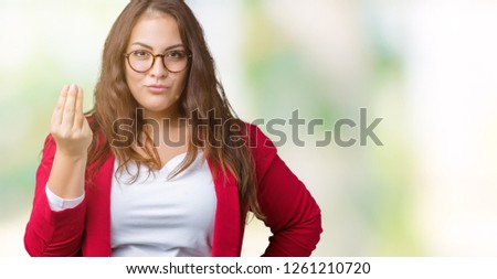 Beautiful plus size young business woman wearing elegant jacket and glasses over isolated background Doing Italian gesture with hand and fingers confident expression