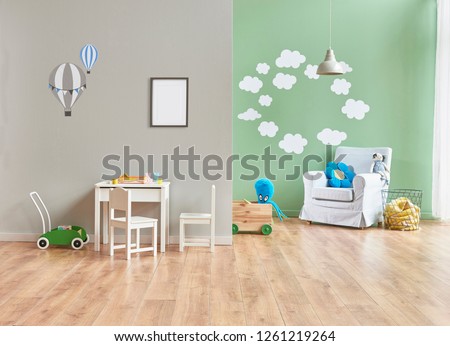 Child room, green wall background, frame and picture style.