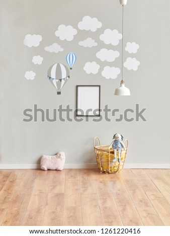 Child room interior, grey wall background, frame picture, toy and lamp.