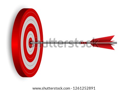 red one arrows darts in target circle. business success goal. on background white. creative idea. leadership. cartoon vector illustration