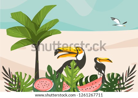 Hand drawn vector abstract cartoon summer time graphic illustrations art template background with ocean beach landscape,tropical palm tree and exotic tropical birds