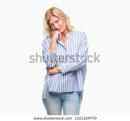 Middle age blonde business woman over isolated background thinking looking tired and bored with depression problems with crossed arms.