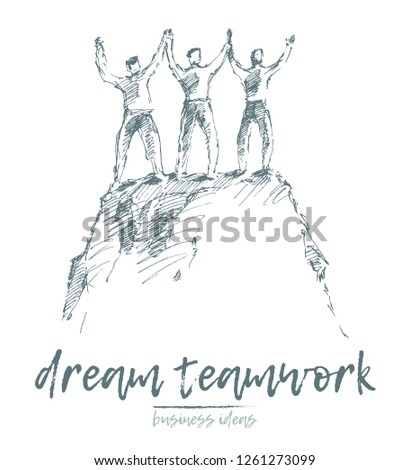 A team of climbers on a mountain, holding hands, sketch. Teamwork, partnership concept. Hand drawn vector illustration