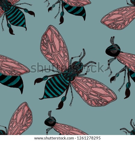 Seamless pattern with hand drawn bees. Fashion print. 