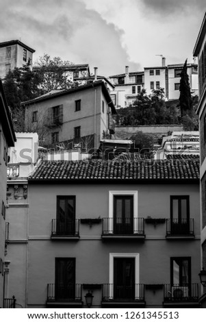 Houses of the Albaycin, the old town of Granada in Spain. Edited in black and white