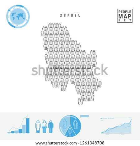 Serbia People Icon Map. People Crowd in the Shape of a Map of Serbia. Stylized Silhouette of Serbia. Population Growth and Aging Infographic Elements. Vector Illustration Isolated on White.