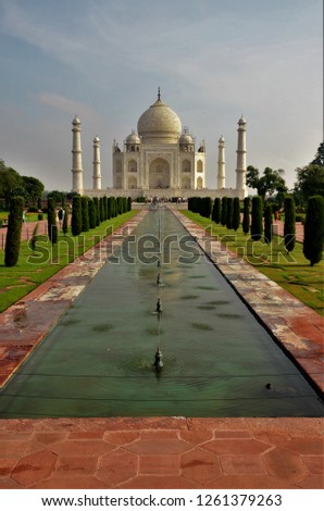 A view of the impressive Taj Mahal mausoleum in Agra, India. 