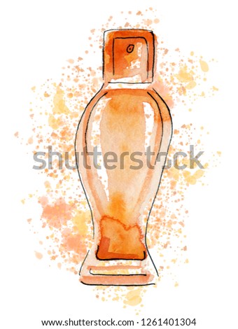 Hand-drawn sketch with orange woman’s perfume bottle. Watercolor and ink fashion illustration. Template for card, banner, fabric, invitation