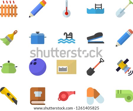 Color flat icon set paint brush flat vector, stationery knife, saucepan, cookbook, temperature, shovel, radiator, barcode, pencil, stapler, satellit, whistle, bowling ball, pills, pool