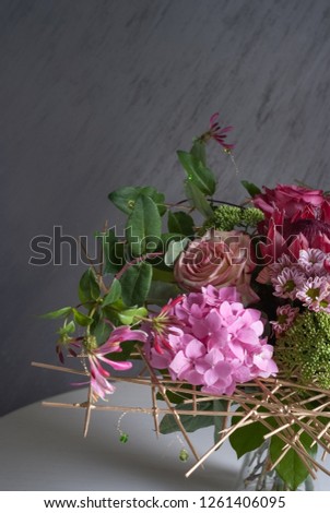 beautiful modern wedding bouquet on white table. Selective focus