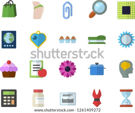Color flat icon set saucepan flat vector, gas, cake, egg, flower, magnifier, bags, barcode, calculator, stapler, cpu, brain fector, diet, buttocks, vitamins, swimsuit, passport, heart pendant, clip