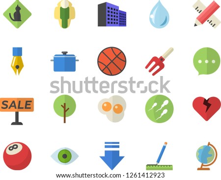 Color flat icon set measure flat vector, saucepan, scrambled eggs, tree, pitchfork, sell out, eye, sperm, office building, ink pen, bowling ball, basketball, lose weight, pets allowed fector, chat