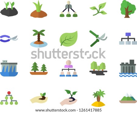 Color flat icon set tree flat vector, secateurs, seedlings, planting plants, leaf, forest, hydroelectric power station, hierarchy, classification, island fector, mountains