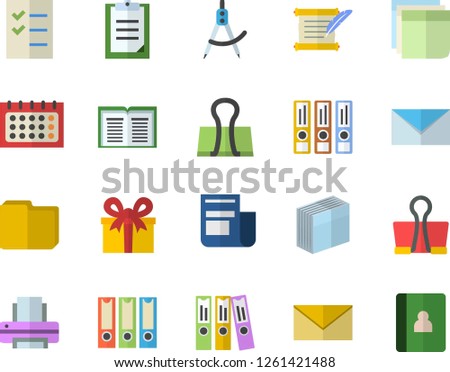 Color flat icon set dividers flat vector, calendar, news, present, clipboard, computer file, sticker, folder, to do list, printer, mail, hostory roll, folders for papers, binder clip, envelope, book