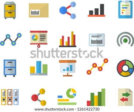 Color flat icon set graphic report flat vector, chart, statistics, scatter, barcode, statistic, clircle diagram, archive, folders for papers, share, broadcast, file sharing