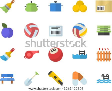 Color flat icon set paint brush flat vector, stationery knife, saucepan, plum, shovel, bench, radiator, barcode, whistle, bowling ball, volleyball, pills, pool