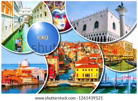 a collage of some pictures of different locations in Venice, Italy, such as small canals, the Bridge of Sighs or the Grand Canal