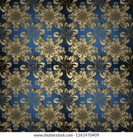 Ornamental pattern on blue colors with golden elements. Openwork delicate golden pattern. Vector. Brilliant lace, stylized flowers, paisley. Ornamental golden texture curls. Oriental style arabesques.