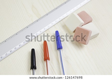 School supplies, pens with rubber detail and rule, education