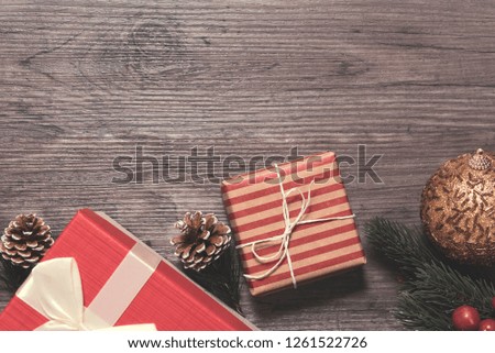 Christmas gift box decoration on wood table background. copy space.
