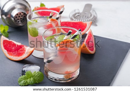 Two glasses of cold refreshing grapefruit cocktail with mint close-up