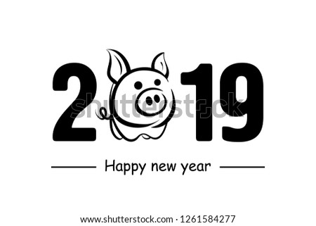 Happy New Year 2019. Cute pig. Chinese symbol of the 2019 year. Greeting card design template for 2019 New Year of the pig. Vector illustration