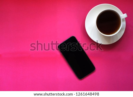 notebook and cup coffee keyboard , smartphone on office desk flat lay and top view copy space