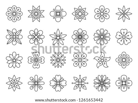 Abstract Flower thin line icons set. Outline sign kit of spring floral. Minimal Style linear icons of ethnic beauty pattern, tribal chamomile. Simple plant contour symbol on white. Vector Illustration