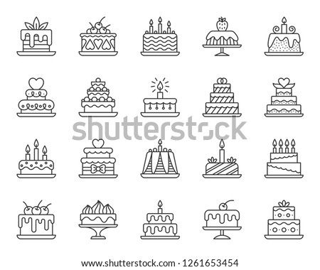 Cake dessert thin line icon set. Outline web sign kit of sweet food. Birthday party linear icons of homemade baking, chocolate delicious. Simple cupcake contour symbol on white. Vector Illustration
