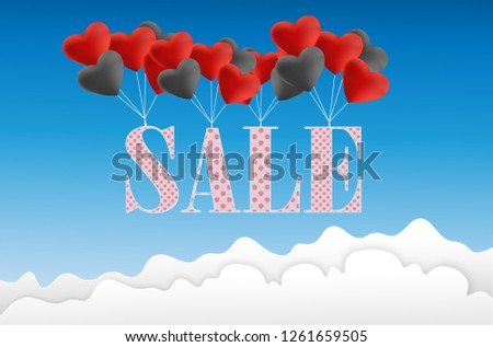Happy Valentine's Day sale card with red and black realistic heart.  Vector illustration.