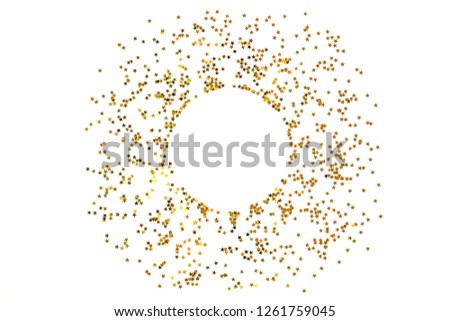 Circle from gold stars on white background. Festive concept.