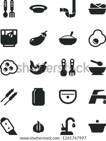 Solid Black Vector Icon Set - deep plate with a spoon vector, plastic fork spoons, iron, sink, siphon, knife, faucet mixer, kitchen, bowl of rice porridge, lettuce in, barbecue, chili, glass tea