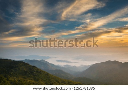 View on the top of mountain in Asia forest zone. Heaven for trekkers who like photography. Twilight in the morning. We can see fog around mountain.