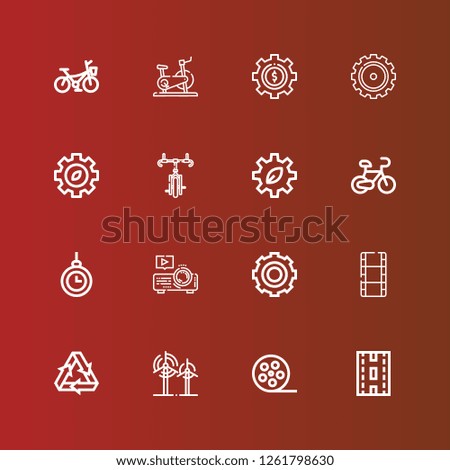Editable 16 motion icons for web and mobile. Set of motion included icons line Strip, Film reel, Wind, Recycling, Film, Gear, Projector, Hypnosis, Bicycle, Cogwheel, Stationary bike on red