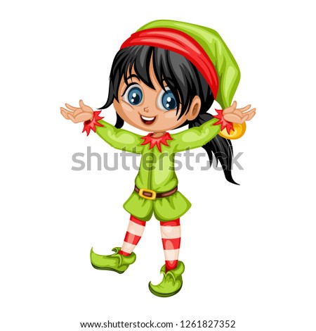 Cute Playful Christmas Elf.  Santa Claus Helper. Happy New Year, Merry Christmas Design Element. Isolated on White Background. Good for Christmas Cards. Children Cartoon Vector illustration