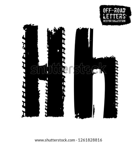 Grunge tire letter H. Unique off road lettering in a black colour isolated on a white background. Editable vector illustration. Grunge typography useful for automotive poster, print, leaflet design.