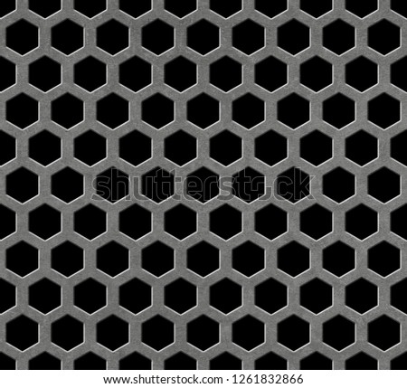 Seamless metal grille. Wire fence isolated on black background. Hexagon pattern seamless