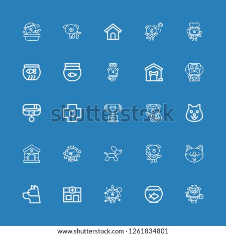 Editable 25 kennel icons for web and mobile. Set of kennel included icons line Dog, Fish bowl, Veterinary, Pet, Collar, Dog house on blue background