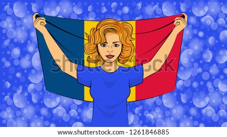 Blonde girl holding a national flag of Romania