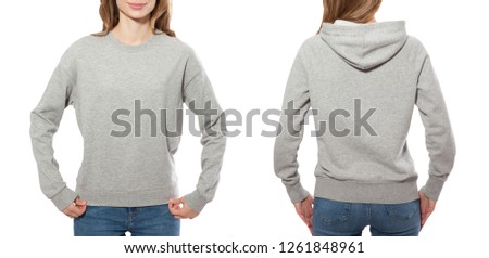 young woman in gray sweatshirt front and rear, gray hoodies, blank isolated on white background. mock up