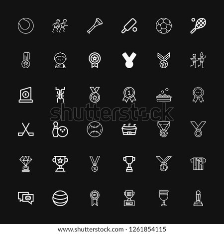 Editable 36 championship icons for web and mobile. Set of championship included icons line Trophy, Goblet, Medal, Ball, Puck, Referee, Medals, Football, Baseball on black background