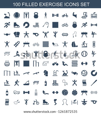100 exercise icons. Trendy exercise icons white background. Included filled icons such as whistle, yoga, trampoline, skipping rope, man doing exercises. exercise icon for web and mobile.
