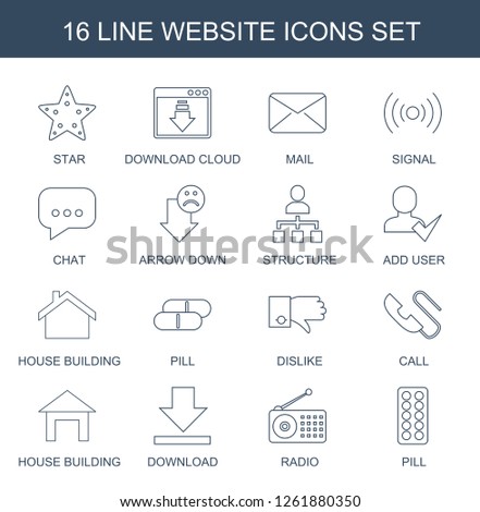 16 website icons. Trendy website icons white background. Included line icons such as star, download cloud, mail, signal, chat, arrow down, structure. website icon for web and mobile.