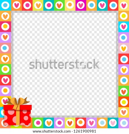 Vector cute vibrant border photo frame made of doodle hearts with bright red gift box in corner. Multicolored template with copy space for christmas, Valentine, birthday invitation, flyer, postcard