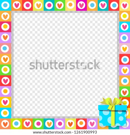 Vector cute vibrant border photo frame made of doodle hearts with blue gift box with ribbon in corner. Rainbow colored template with copyspace for Valentine, birthday invitation, flyer, greeting card