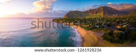 Aerial panorama of the West coast of Oahu, area of Papaoneone beach. Hawaii, USA Royalty-Free Stock Photo #1261928236