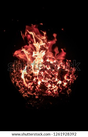 Fire on a black background. Beautiful and interesting view of the fire, flame and fire with tongues of flame and fire on a black or dark background.